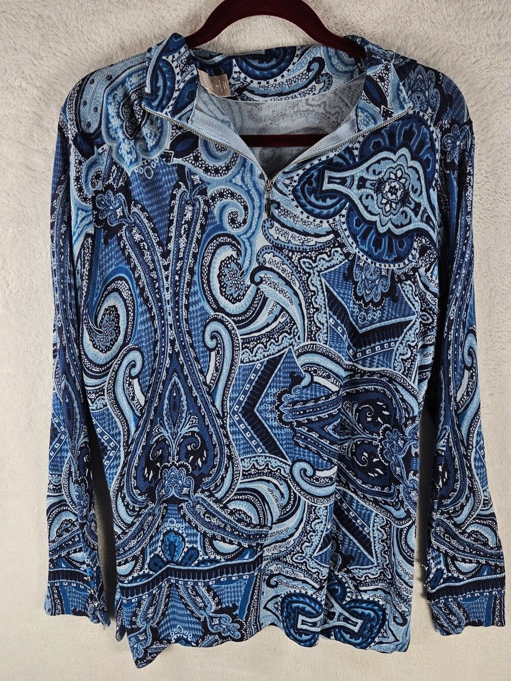 Chico's Quarter-Zip Long Sleeve Top Blue Paisley Women's Size XL
